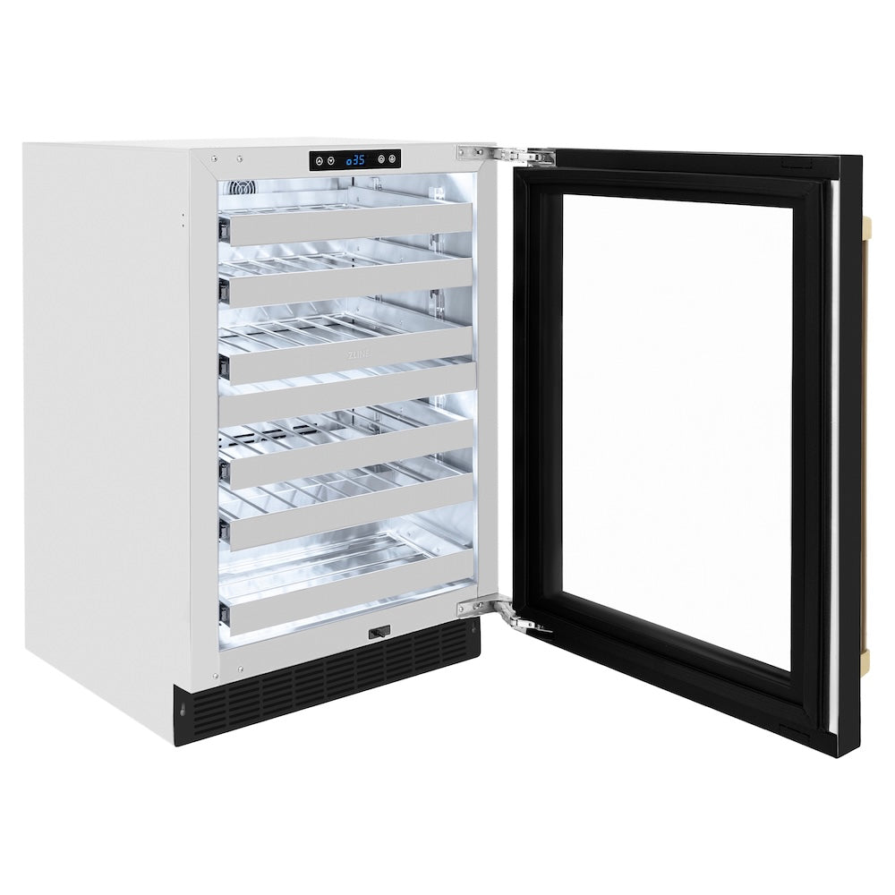 ZLINE Autograph Edition Touchstone 24-inch wine cooler in stainless steel with black matte door and champagne bronze accents RWDOZ-BLM-24-CB, door open