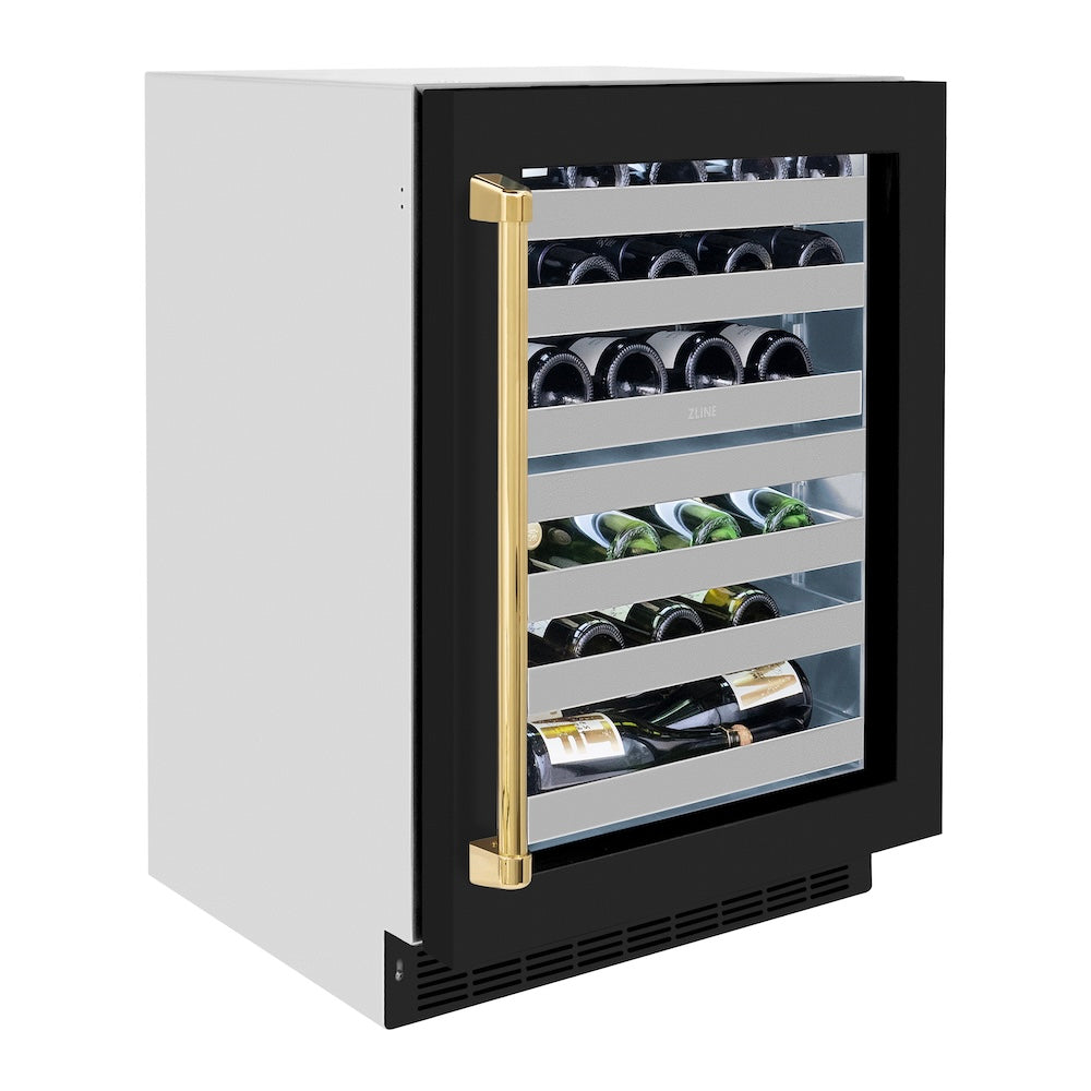 ZLINE Autograph Edition Touchstone 24-inch wine cooler in stainless steel with black matte door and polished gold accents RWDOZ-BLM-24-G, view 4