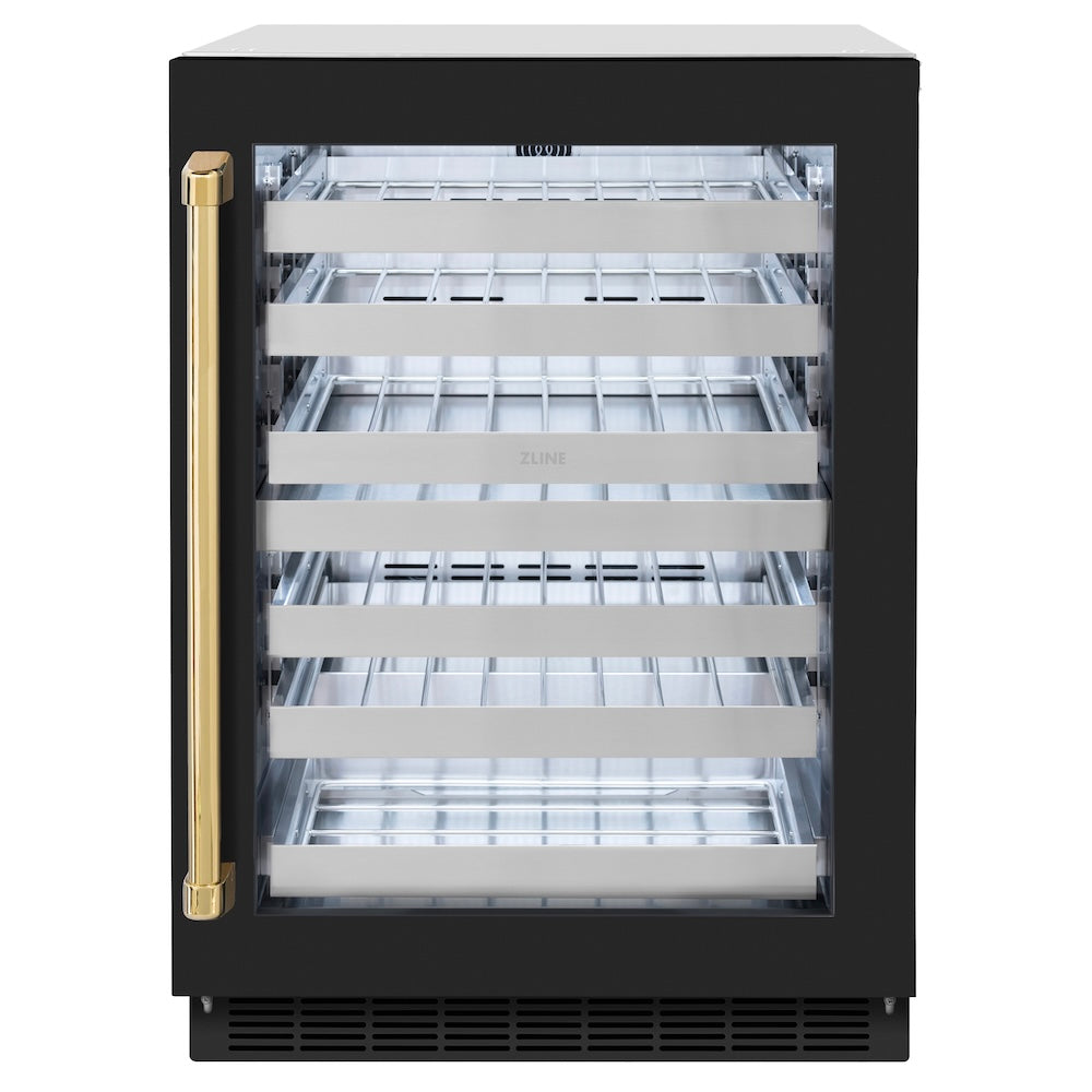 ZLINE Autograph Edition Touchstone 24-inch wine cooler in stainless steel with black matte door and polished gold accents RWDOZ-BLM-24-G
