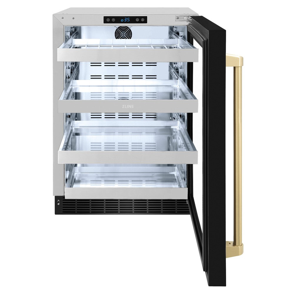 ZLINE Autograph Edition Touchstone 24-inch beverage fridge in black stainless steel and champagne bronze accents RBSOZ-BS-24-CB, front view