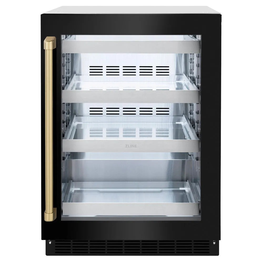 ZLINE Autograph Edition Touchstone 24-inch beverage fridge in black stainless steel and champagne bronze accents RBSOZ-BS-24-CB