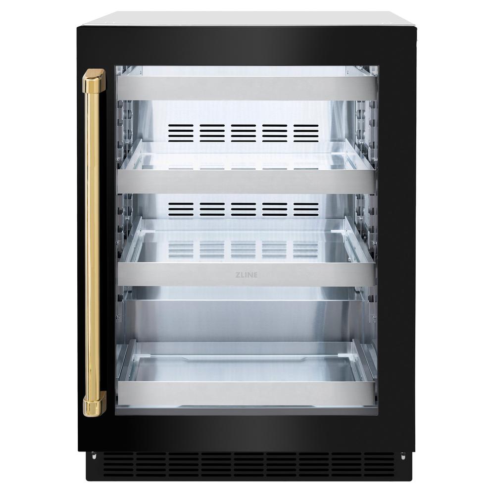 ZLINE Autograph Edition Touchstone 24-inch beverage fridge in black stainless steel and polished gold accents RBSOZ-BS-24-G