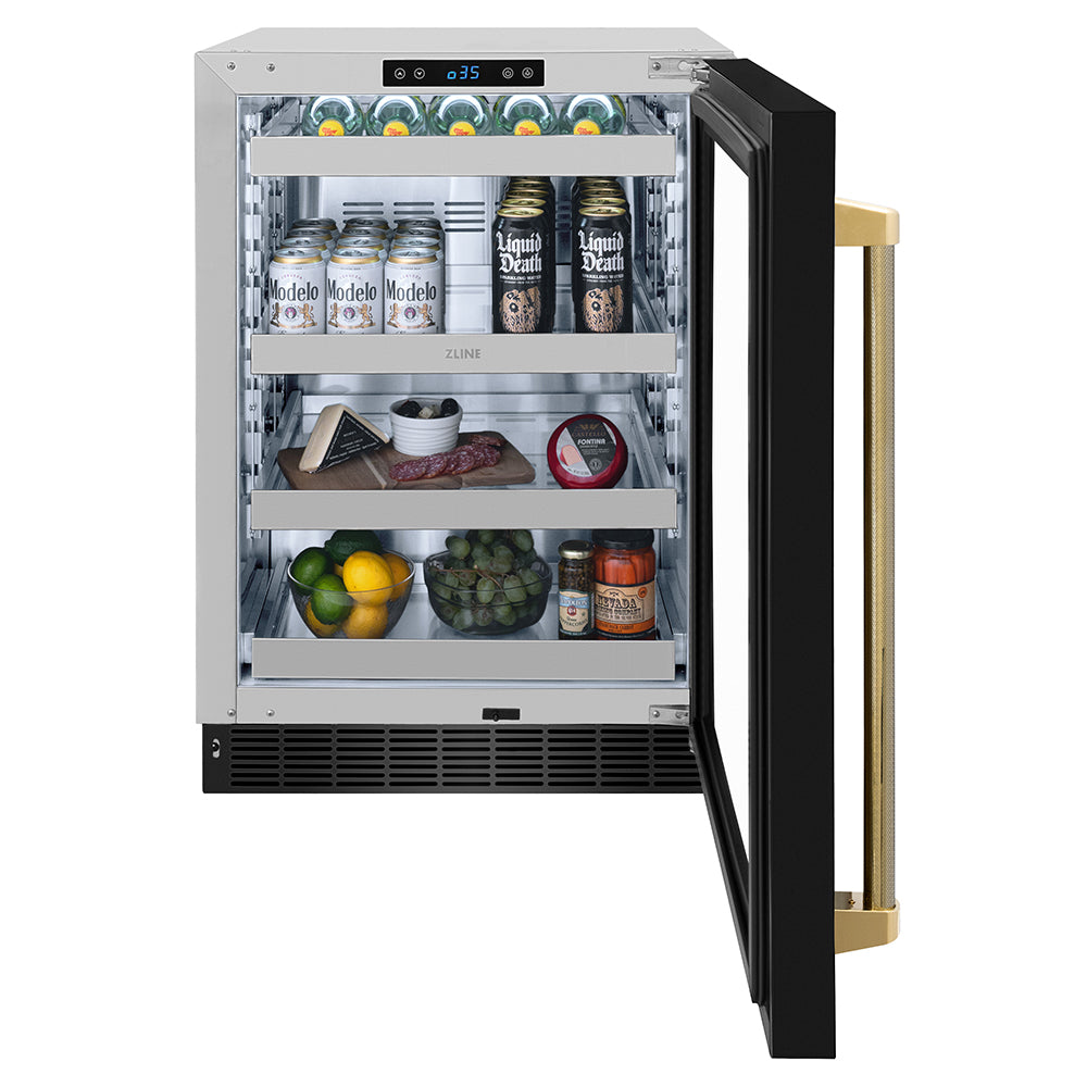 ZLINE Autograph Edition Touchstone 24-inch beverage fridge in black stainless steel and polished gold accents RBSOZ-BS-24-KG, front view