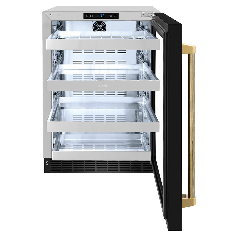 ZLINE Autograph Edition Touchstone 24-inch beverage fridge in black stainless steel and polished gold accents RBSOZ-BS-24-KG, front view