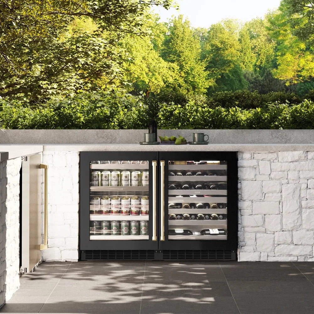 ZLINE Autograph Edition Touchstone 24-inch wine cooler in stainless steel with black stainless steel door and champagne bronze accents RWDOZ-BS-24-CB, front view