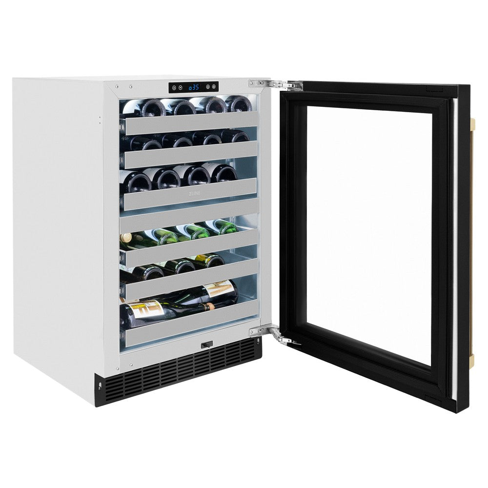 ZLINE Autograph Edition Touchstone 24-inch wine cooler in stainless steel with black stainless steel door and champagne bronze accents RWDOZ-BS-24-CB, door open