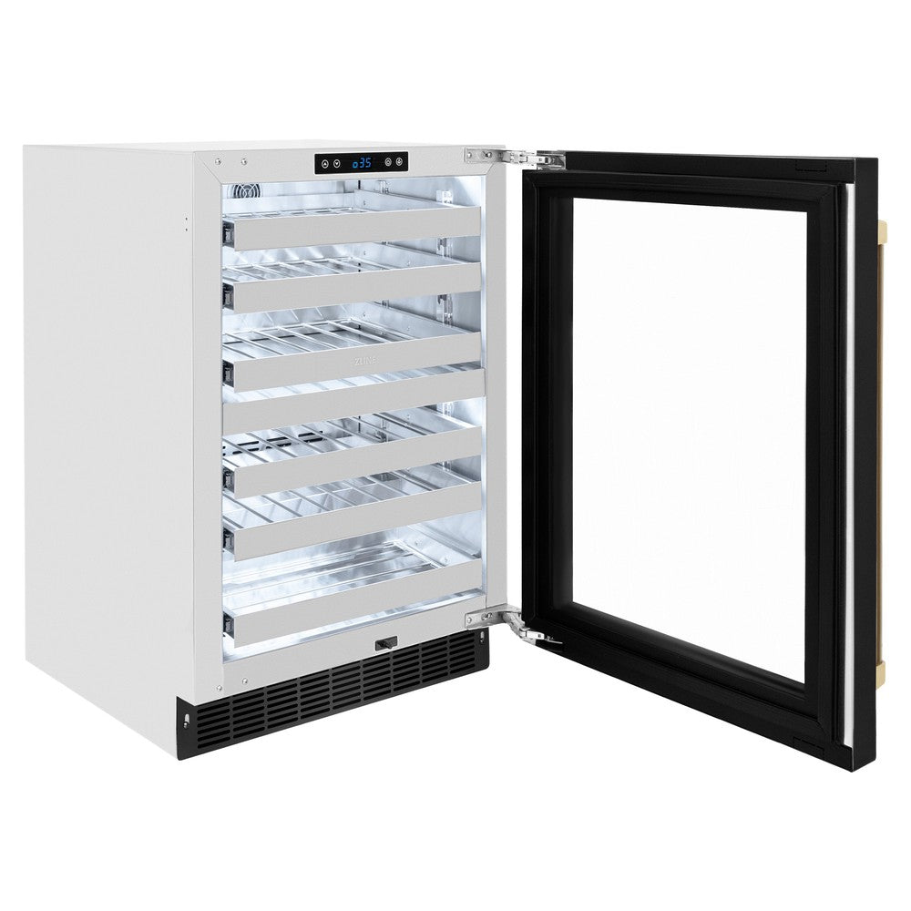 ZLINE Autograph Edition Touchstone 24-inch wine cooler in stainless steel with black stainless steel door and champagne bronze accents RWDOZ-BS-24-CB, door open