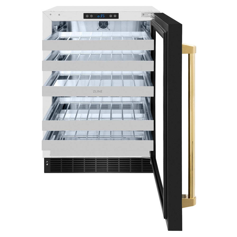 ZLINE Autograph Edition Touchstone 24-inch wine cooler in stainless steel with black stainless steel door and polished gold accents RWDOZ-BS-24-G, front view