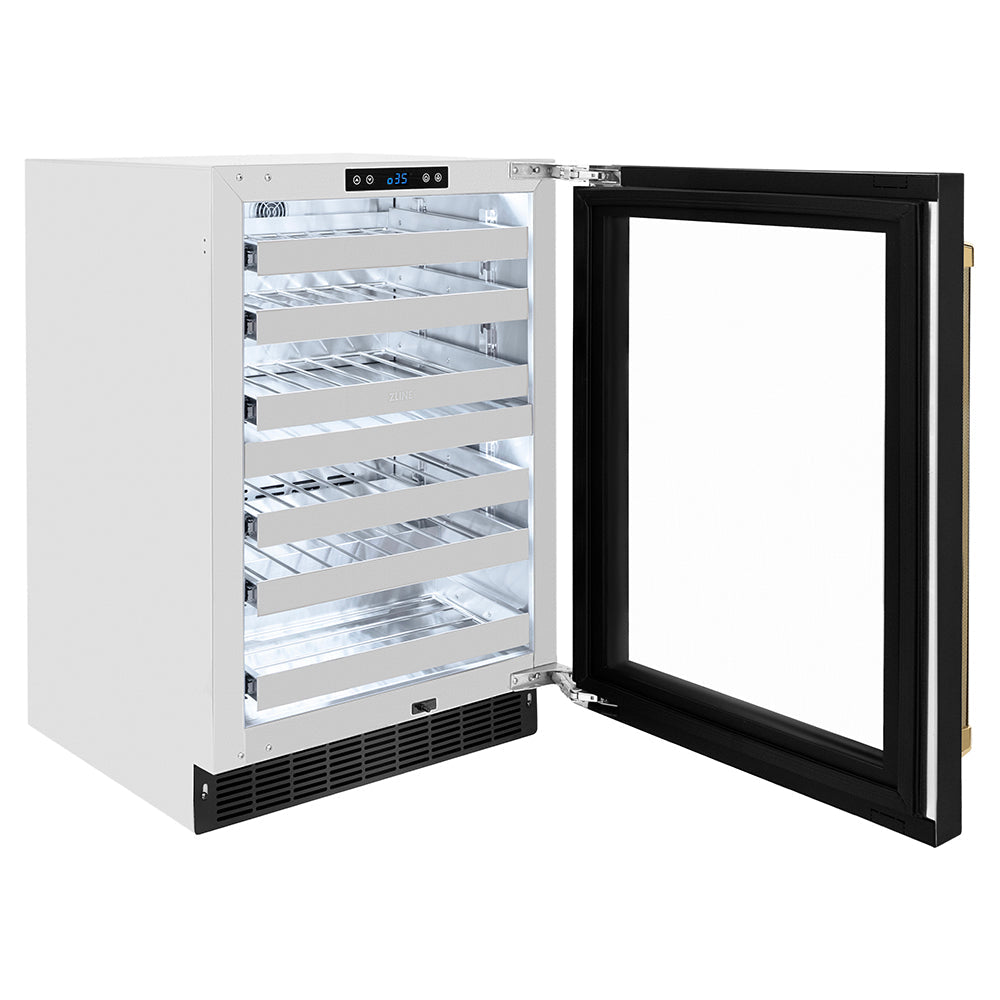 ZLINE Autograph Edition Touchstone 24-inch wine cooler in black stainless steel and polished gold accents RWDOZ-BS-24-KG, door open