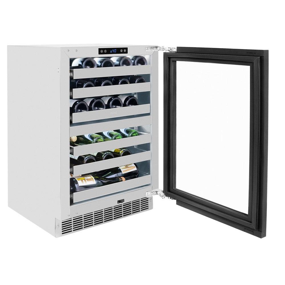 ZLINE Autograph Edition Touchstone 24-inch wine cooler, panel ready and matte black accents RWDPOZ-24-MB, door open
