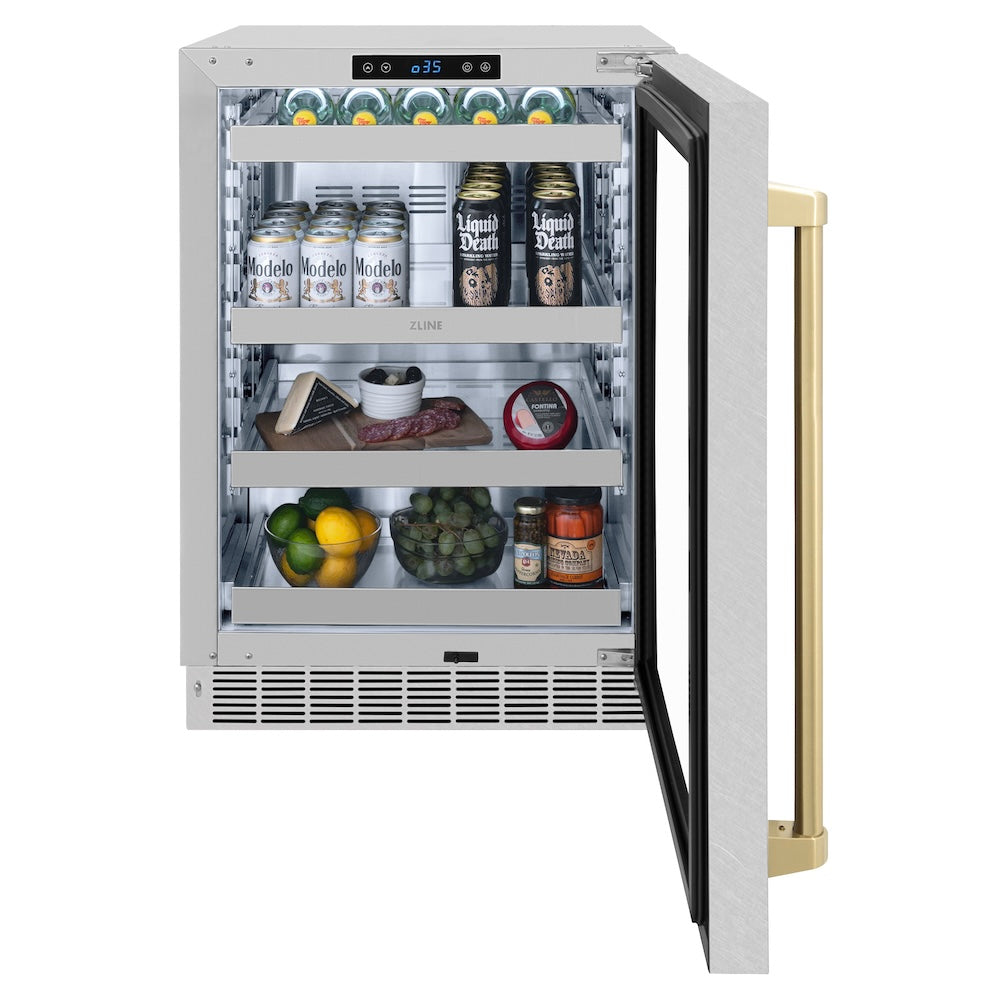 ZLINE Autograph Edition Touchstone 24-inch beverage fridge in satin stainless steel and champagne bronze accents RBSOZ-SN-24-CB, front view