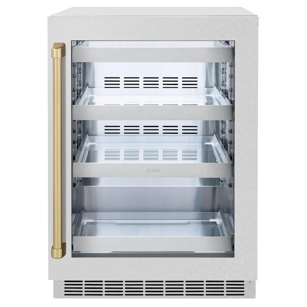 ZLINE Autograph Edition Touchstone 24-inch beverage fridge in satin stainless steel and champagne bronze accents RBSOZ-SN-24-CB