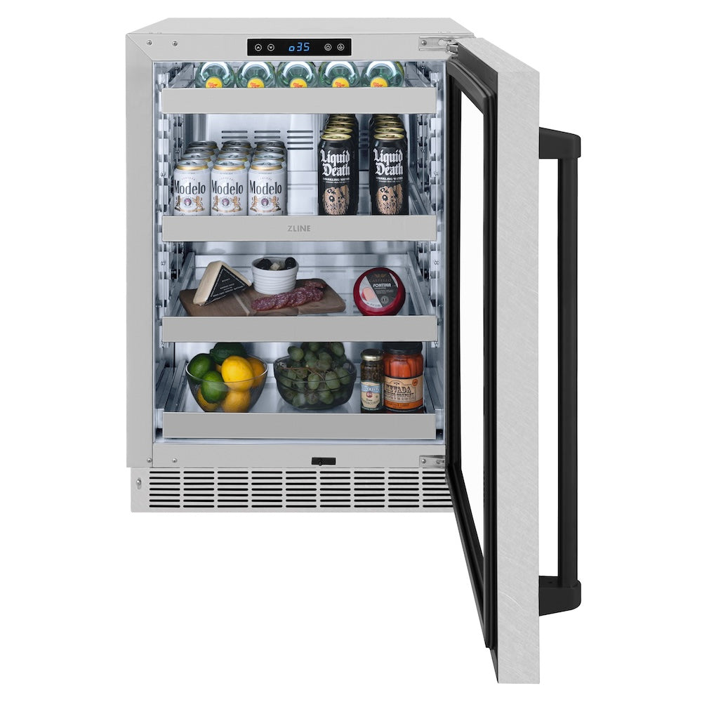 ZLINE Autograph Edition Touchstone 24-inch beverage fridge in satin stainless steel and matte black accents RBSOZ-SN-24-MB, front view