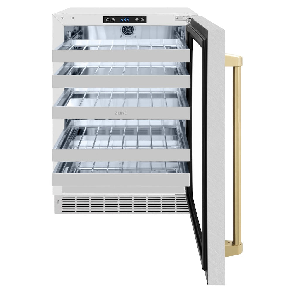 ZLINE Autograph Edition Touchstone 24-inch wine cooler in satin stainless steel and champagne bronze accents RWDOZ-SN-24-CB, front view