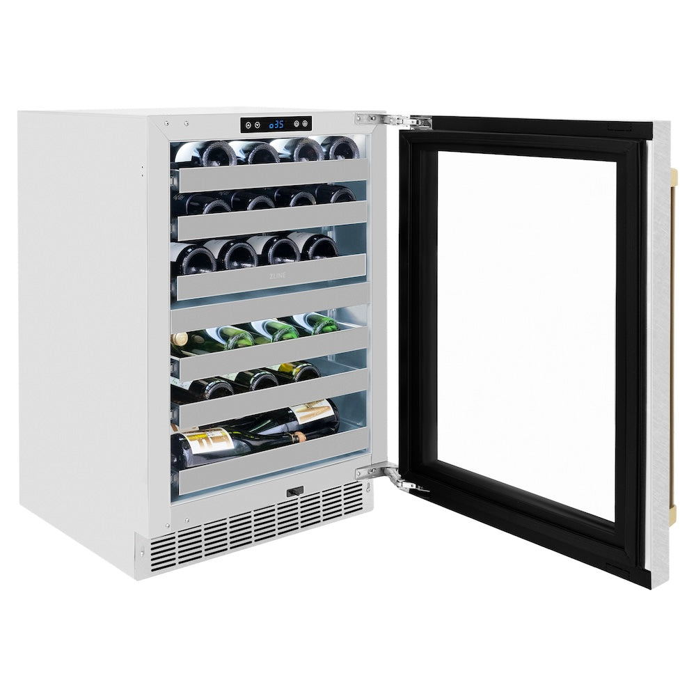 ZLINE Autograph Edition Touchstone 24-inch wine cooler in satin stainless steel and champagne bronze accents RWDOZ-SN-24-CB, door open