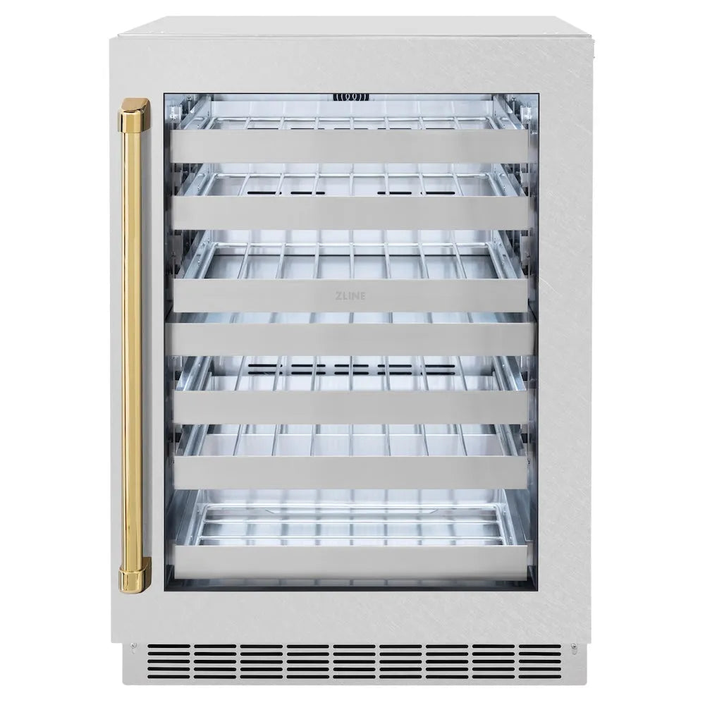 ZLINE Autograph Edition Touchstone 24-inch wine cooler in satin stainless steel and polished gold accents RWDOZ-SN-24-G