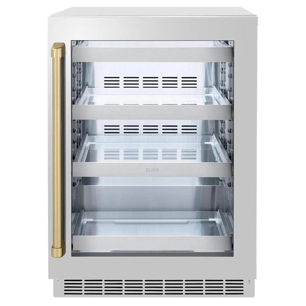 ZLINE Autograph Edition Touchstone 24-inch beverage fridge in stainless steel and champagne bronze accents RBSOZ-GS-24-CB