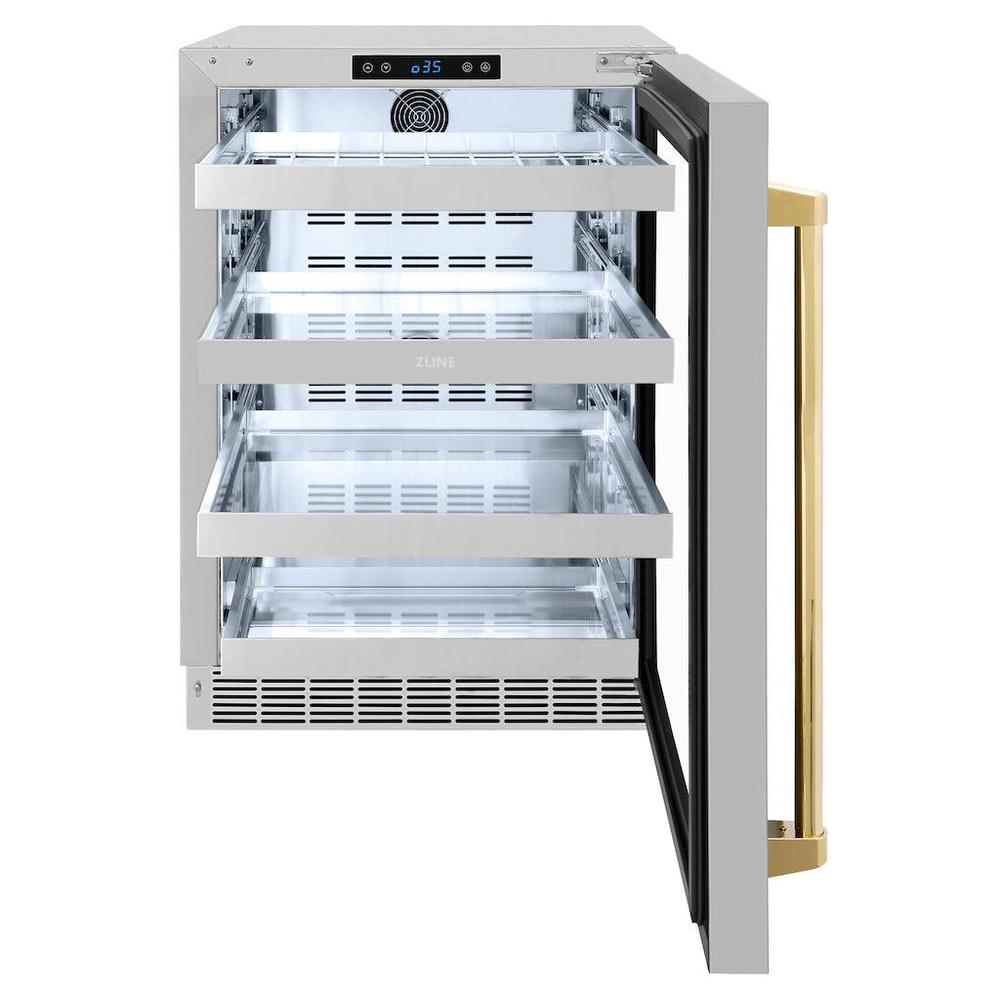 ZLINE Autograph Edition Touchstone 24-inch beverage fridge in stainless steel and polished gold accents RBSOZ-GS-24-G, front view