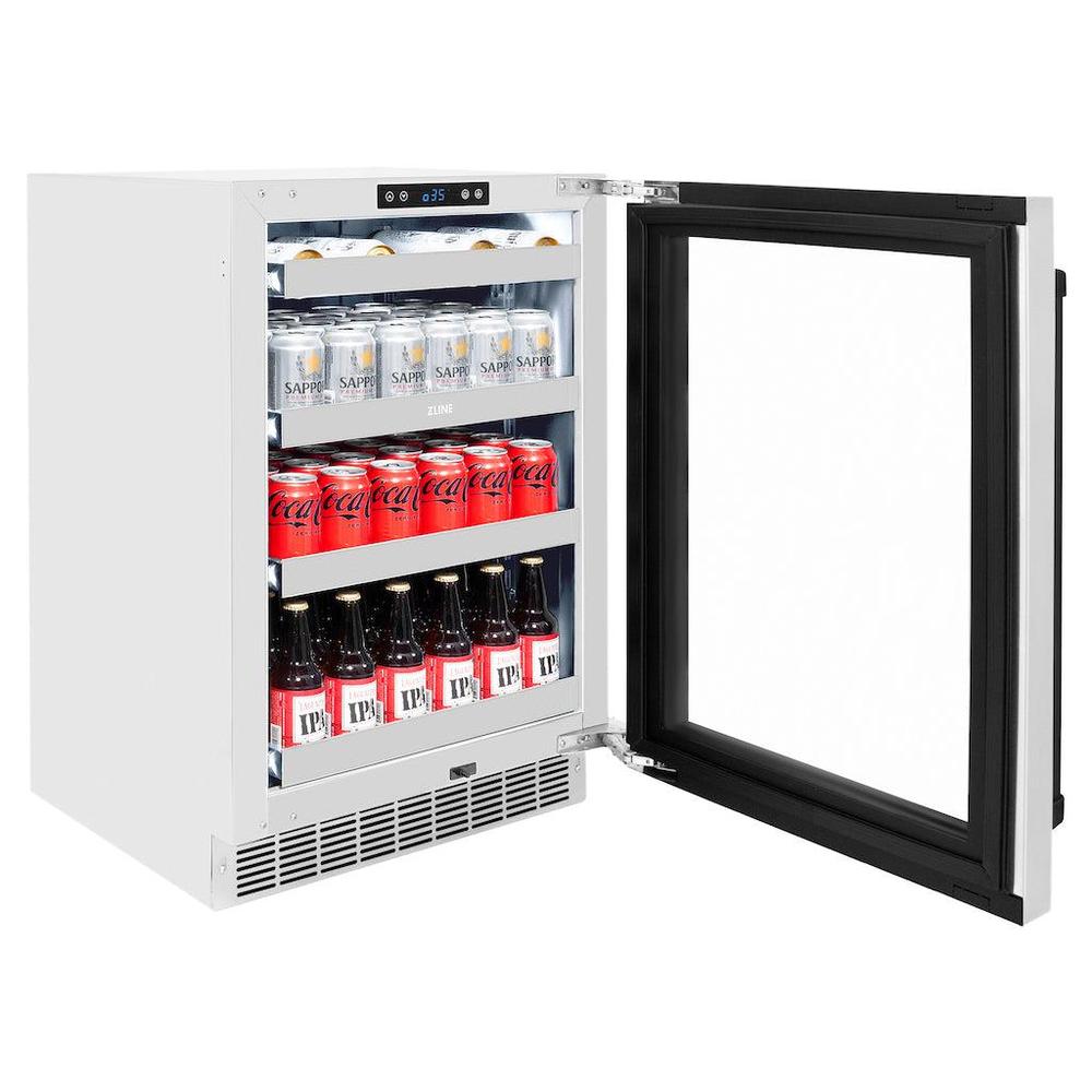 ZLINE Autograph Edition Touchstone 24-inch beverage fridge in stainless steel and matte black accents RBSOZ-GS-24-MB, door open