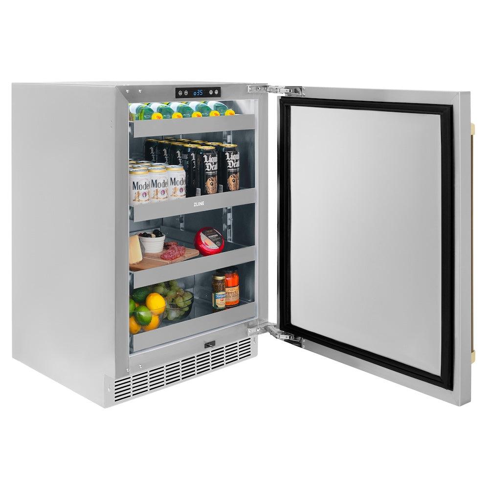 ZLINE Autograph Edition Touchstone 24-inch beverage fridge in stainless steel and champagne bronze accents RBSOZ-ST-24-CB, door open