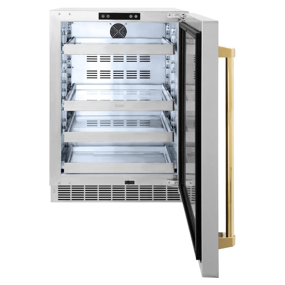 ZLINE Autograph Edition Touchstone 24-inch beverage fridge in stainless steel and polished gold accents RBSOZ-ST-24-G, front view