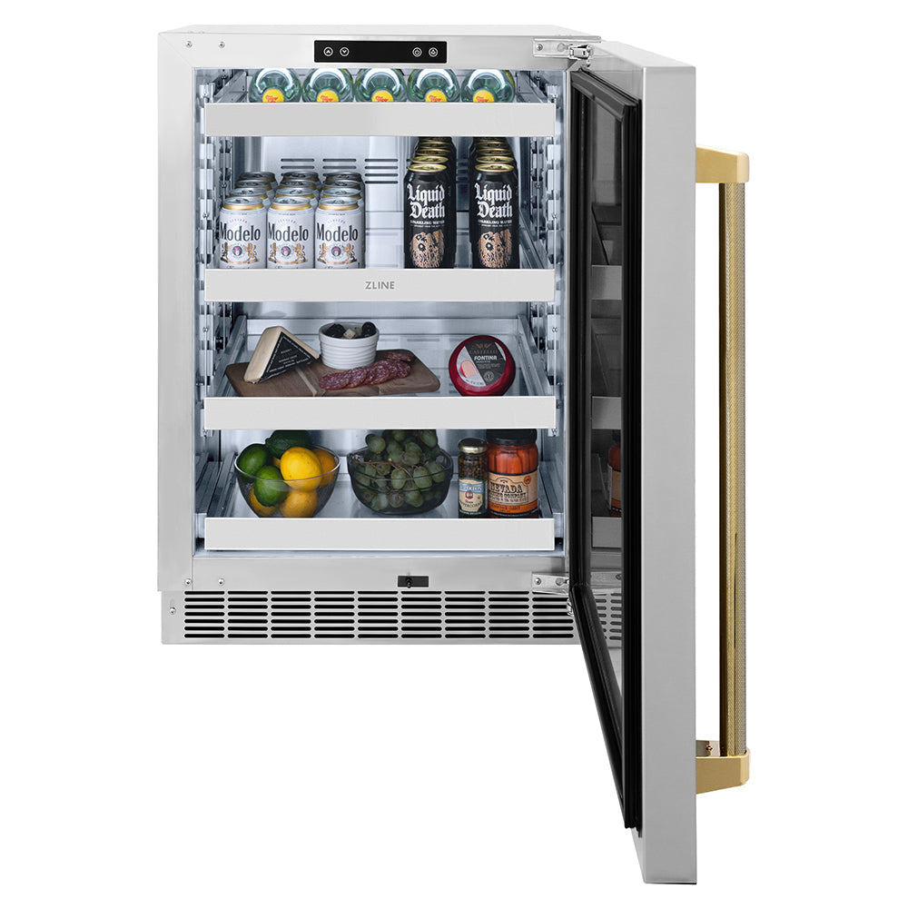 ZLINE Autograph Edition Touchstone 24-inch beverage fridge in stainless steel and polished gold accents RBSOZ-ST-24-KG, front view