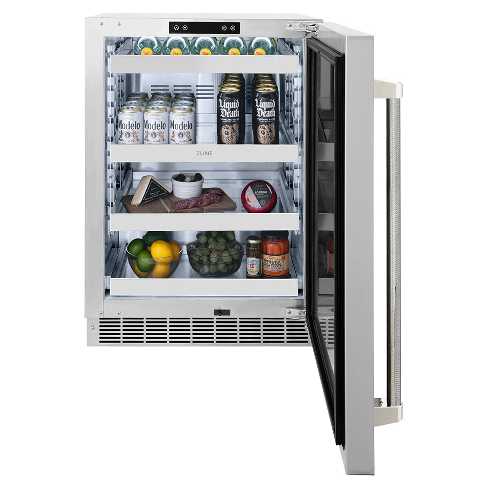 ZLINE Autograph Edition Touchstone 24-inch beverage fridge in stainless steel and polished nickel accents RBSOZ-ST-24-KPN, front view