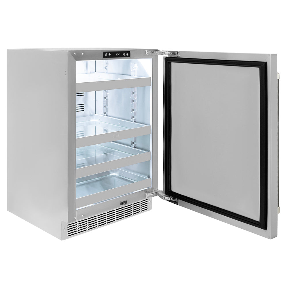 ZLINE Autograph Edition Touchstone 24-inch beverage fridge in stainless steel and polished nickel accents RBSOZ-ST-24-KPN, door open