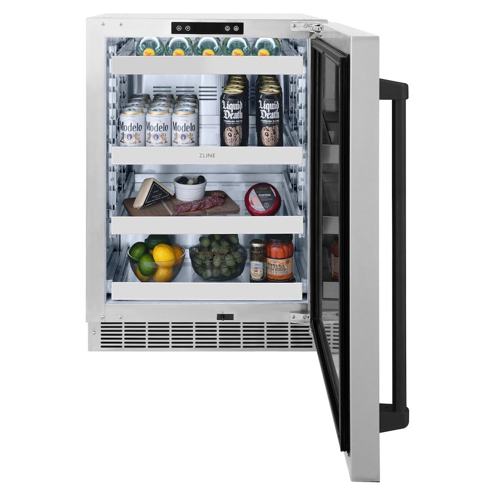 ZLINE Autograph Edition Touchstone 24-inch beverage fridge in stainless steel and matte black accents RBSOZ-ST-24-MB, front view