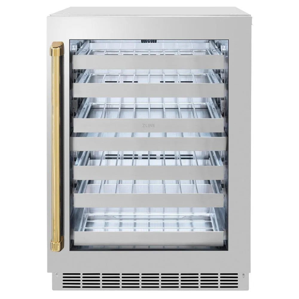 ZLINE Autograph Edition Touchstone 24-inch wine cooler in stainless steel and polished gold accents RWDOZ-GS-24-G