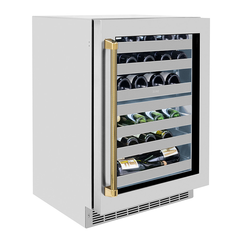 ZLINE Autograph Edition Touchstone 24-inch wine cooler in stainless steel and polished gold accents RWDOZ-GS-24-KG, side view