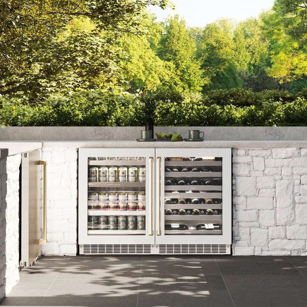 ZLINE Autograph Edition Touchstone 24-inch beverage fridge in stainless steel with white matte door and champagne bronze accents RBSOZ-WM-24-CB, front view