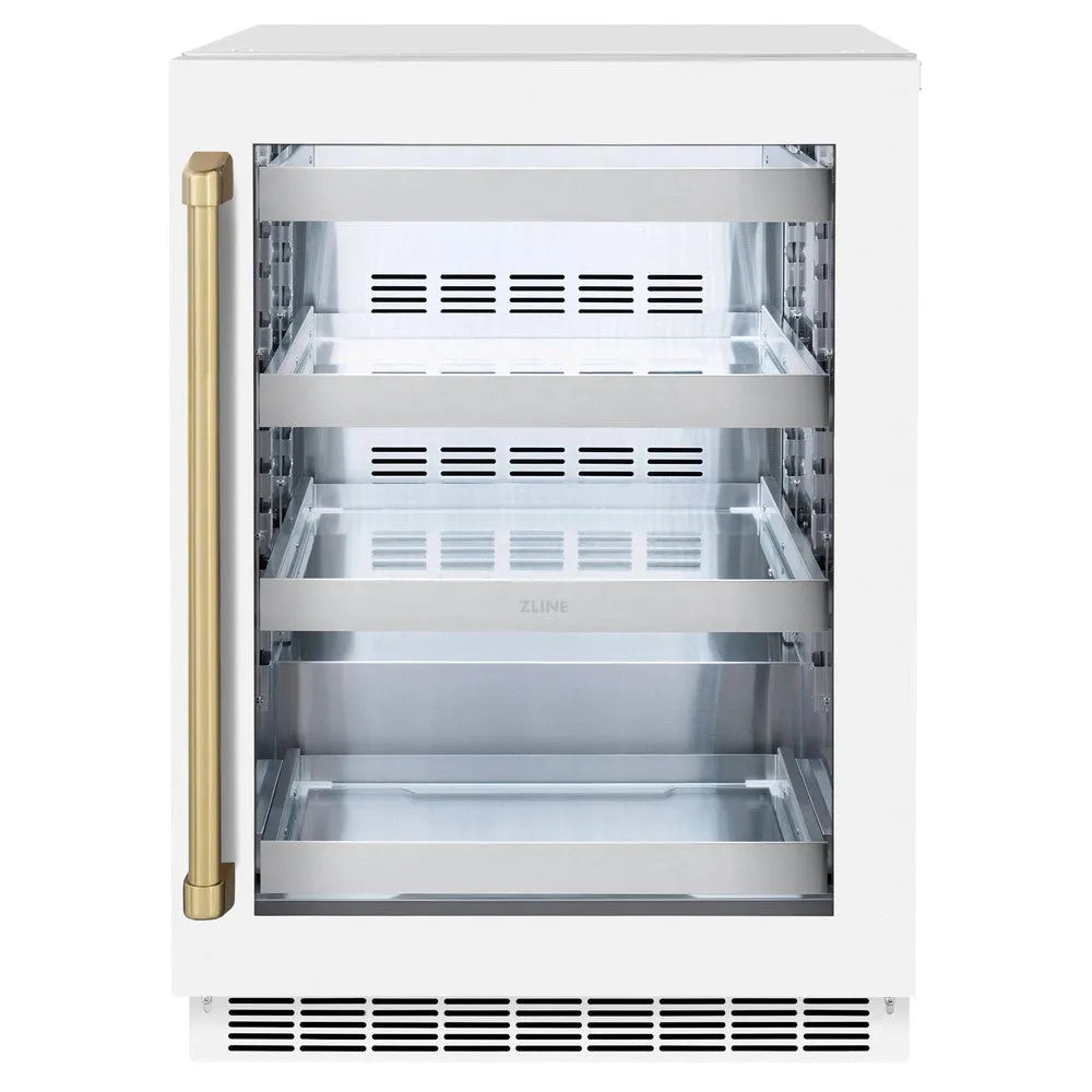 ZLINE Autograph Edition Touchstone 24-inch beverage fridge in stainless steel with white matte door and champagne bronze accents RBSOZ-WM-24-CB