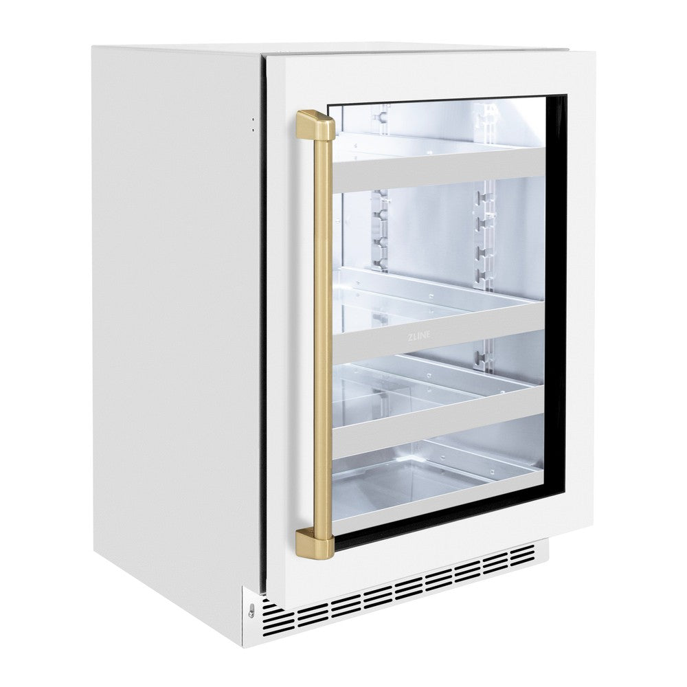 ZLINE Autograph Edition Touchstone 24-inch beverage fridge in stainless steel with white matte door and champagne bronze accents RBSOZ-WM-24-CB, view 5