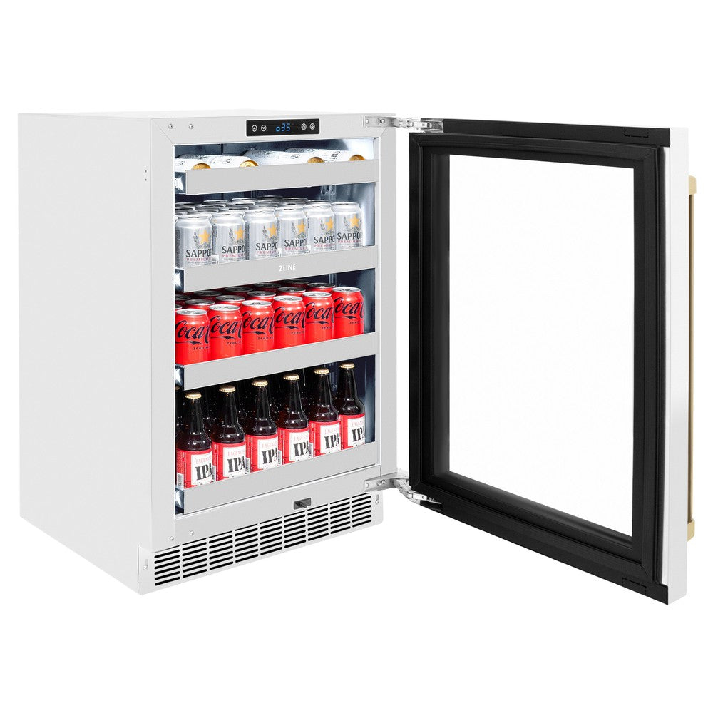 ZLINE Autograph Edition Touchstone 24-inch beverage fridge in stainless steel with white matte door and champagne bronze accents RBSOZ-WM-24-CB, door open