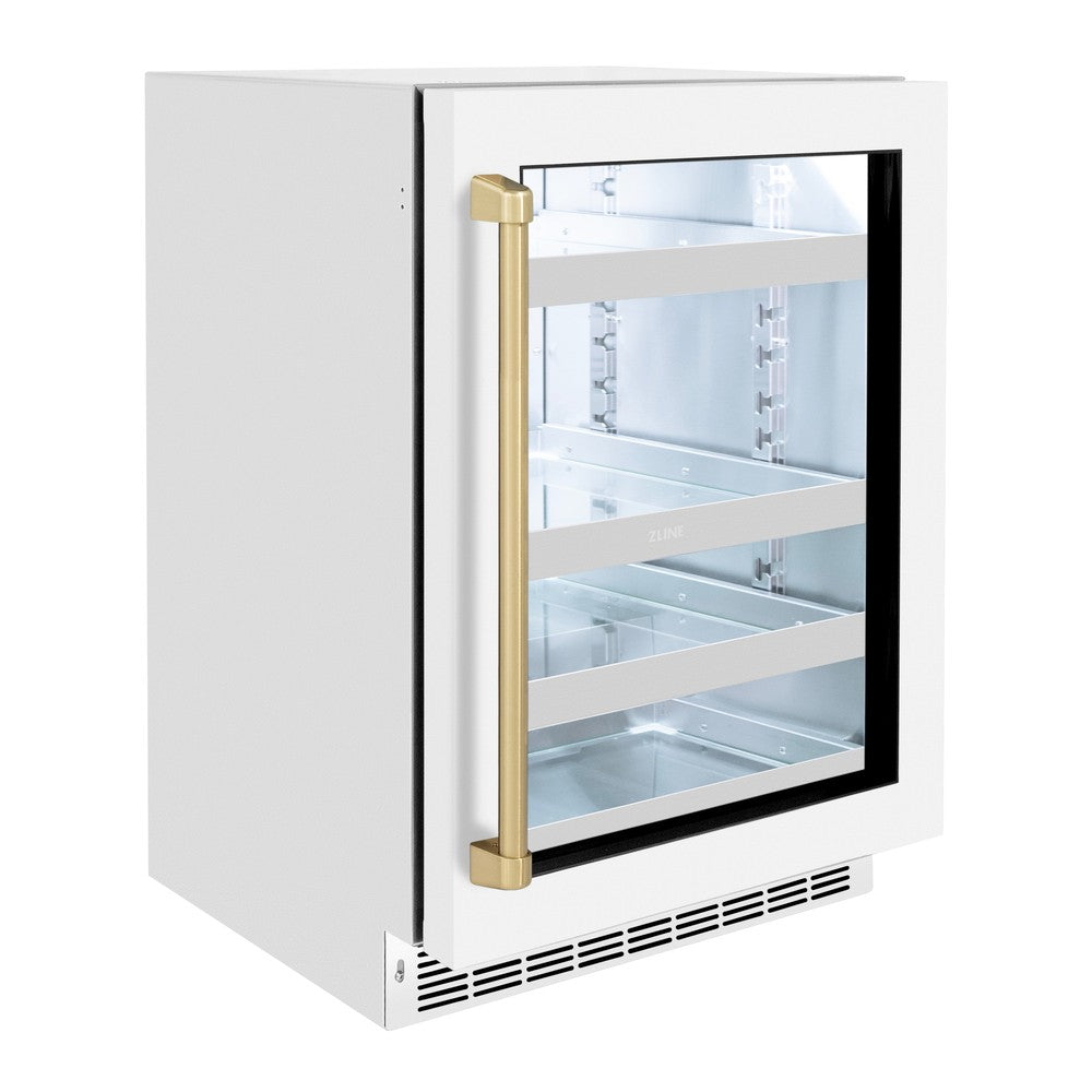 ZLINE Autograph Edition Touchstone 24-inch beverage fridge in stainless steel with white matte door and champagne bronze accents RBSOZ-WM-24-CB, side view