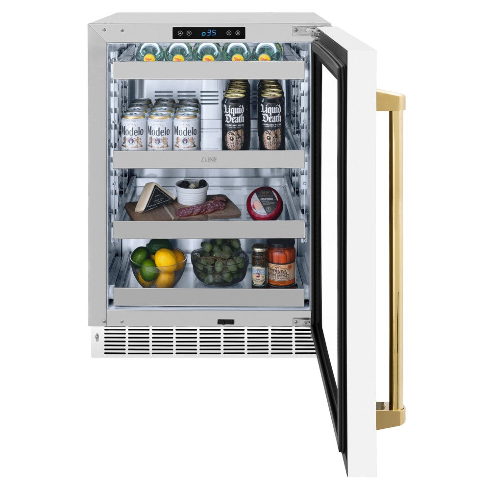 ZLINE Autograph Edition Touchstone 24-inch beverage fridge in stainless steel with white matte door and polished gold accents RBSOZ-WM-24-G, front view