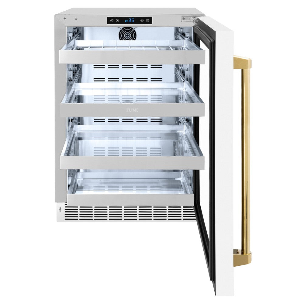 ZLINE Autograph Edition Touchstone 24-inch beverage fridge in stainless steel with white matte door and polished gold accents RBSOZ-WM-24-G, front view
