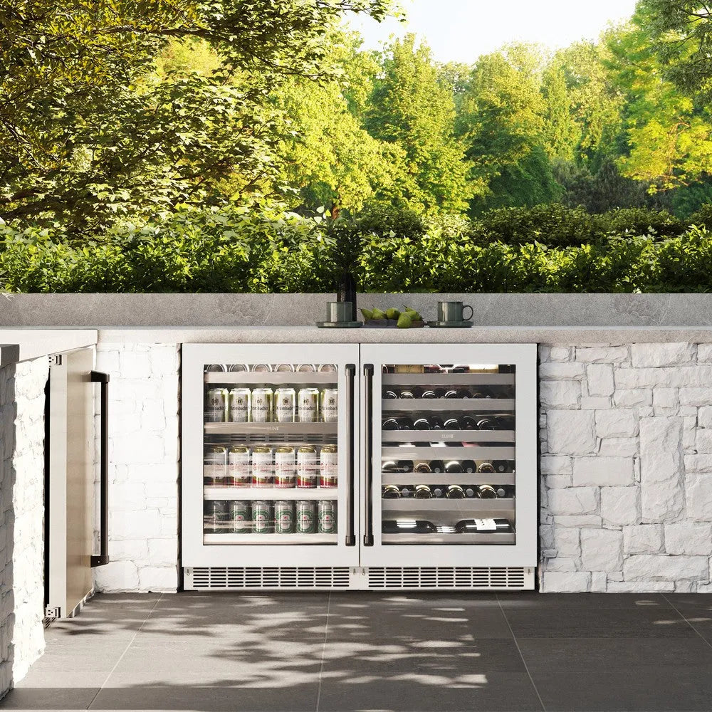 ZLINE Autograph Edition Touchstone 24-inch beverage fridge in stainless steel with white matte door and matte black accents RBSOZ-WM-24-MB, front view