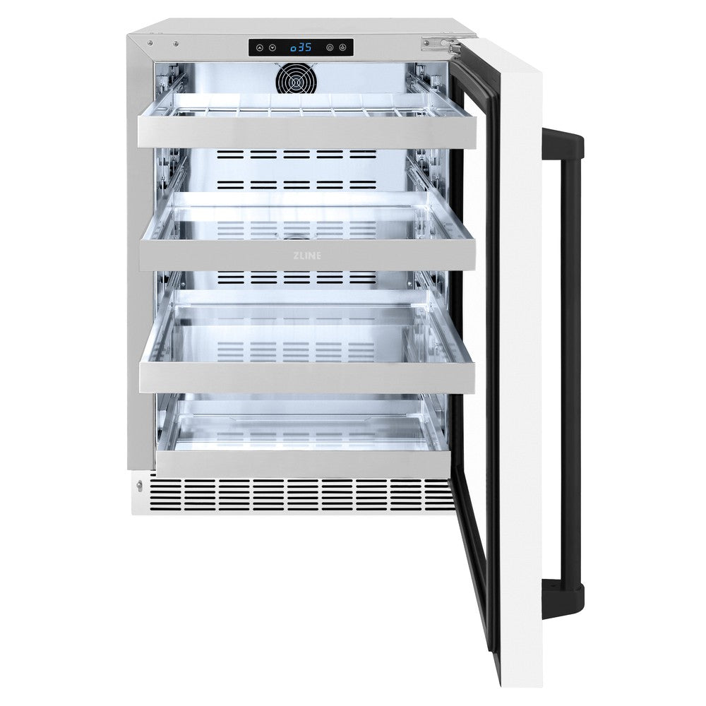 ZLINE Autograph Edition Touchstone 24-inch beverage fridge in stainless steel with white matte door and matte black accents RBSOZ-WM-24-MB, front view