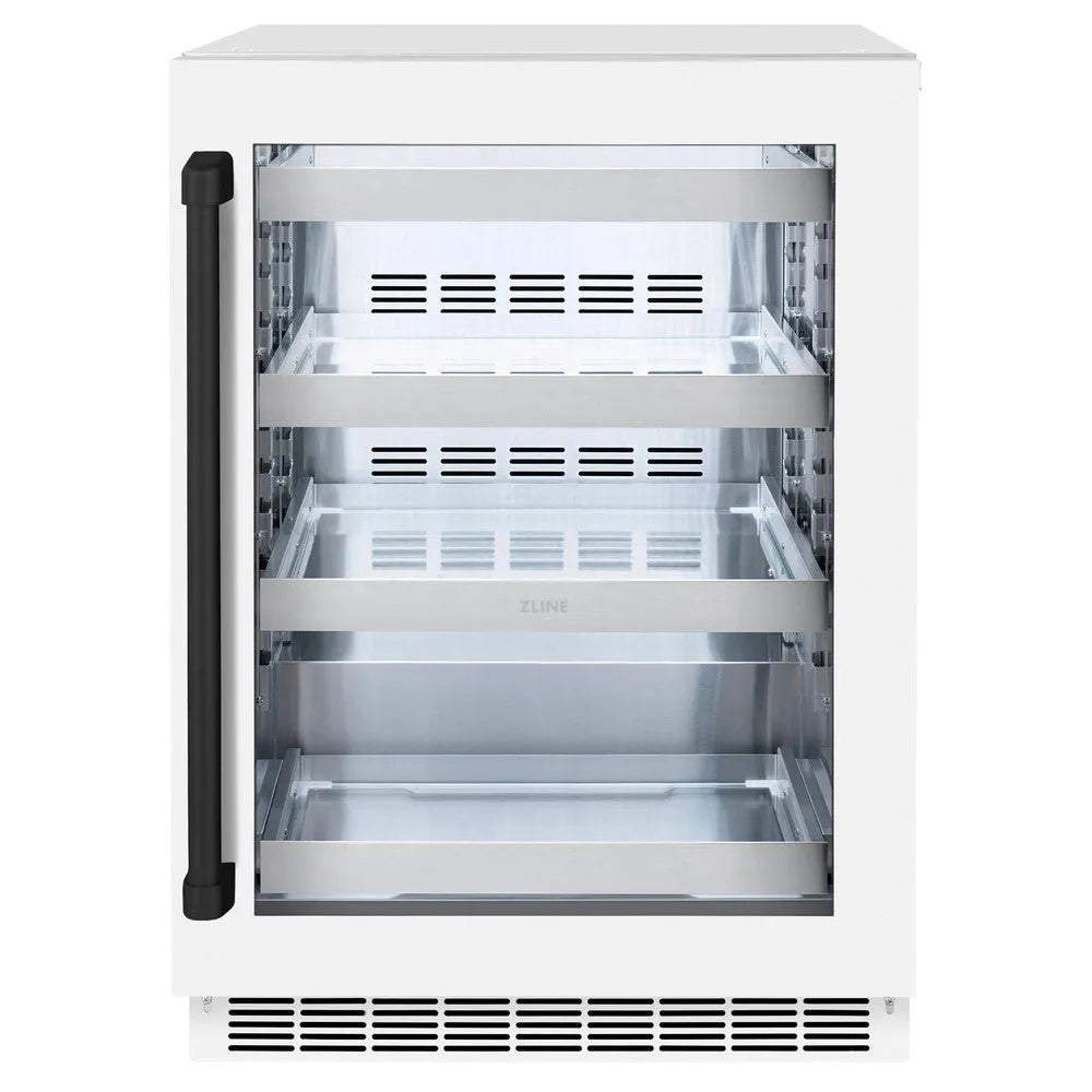 ZLINE Autograph Edition Touchstone 24-inch beverage fridge in stainless steel with white matte door and matte black accents RBSOZ-WM-24-MB