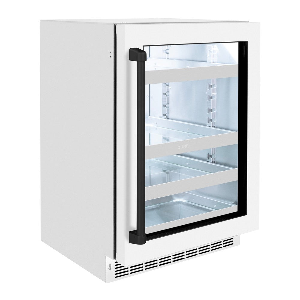 ZLINE Autograph Edition Touchstone 24-inch beverage fridge in stainless steel with white matte door and matte black accents RBSOZ-WM-24-MB, side view