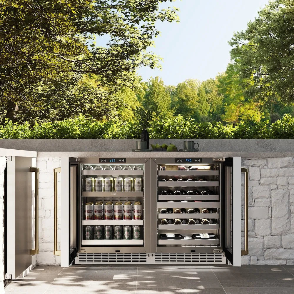 ZLINE Autograph Edition Touchstone 24-inch wine cooler in white matte and polished gold accents RWDOZ-WM-24-G, front view