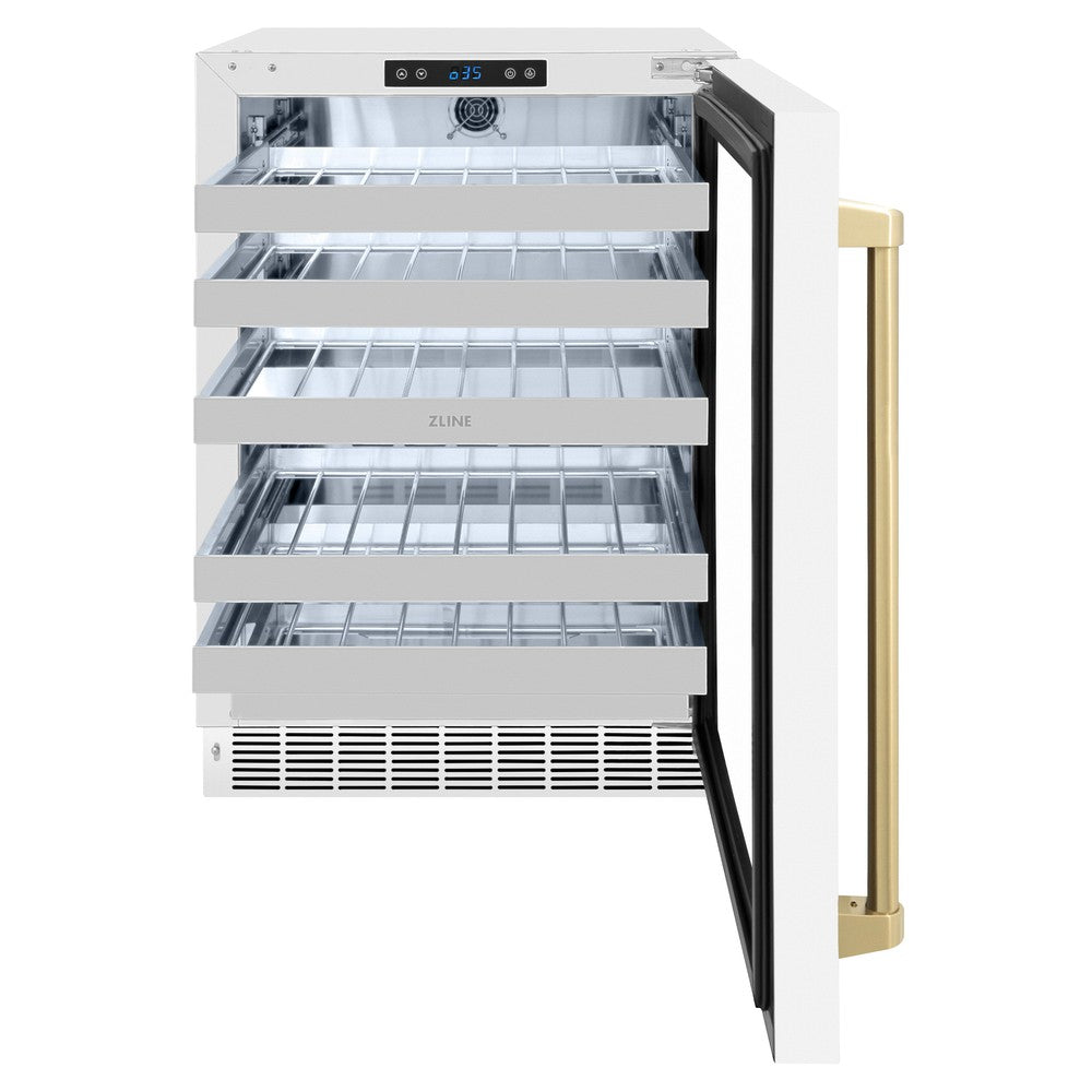 ZLINE Autograph Edition Touchstone 24-inch wine cooler in white matte and champagne bronze accents RWDOZ-WM-24-CB, front view
