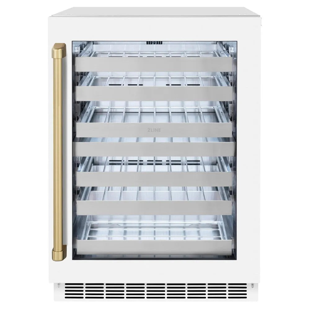 ZLINE Autograph Edition Touchstone 24-inch wine cooler in white matte and champagne bronze accents RWDOZ-WM-24-CB