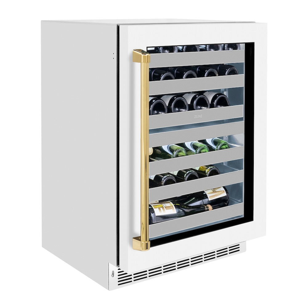 ZLINE Autograph Edition Touchstone 24-inch wine cooler in white matte and polished gold accents RWDOZ-WM-24-G, view 3
