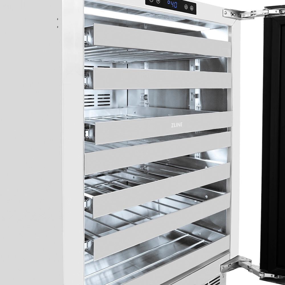 ZLINE Autograph Edition Touchstone 24-inch wine cooler in white matte and polished gold accents RWDOZ-WM-24-G, detail