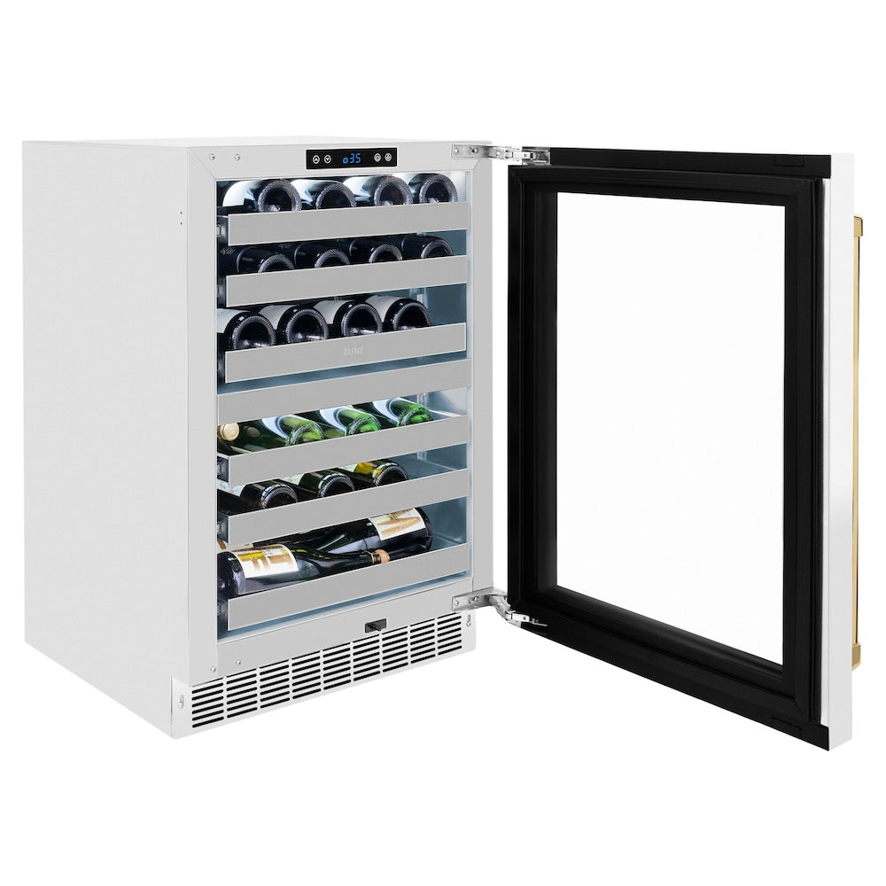 ZLINE Autograph Edition Touchstone 24-inch wine cooler in white matte and polished gold accents RWDOZ-WM-24-G, door open