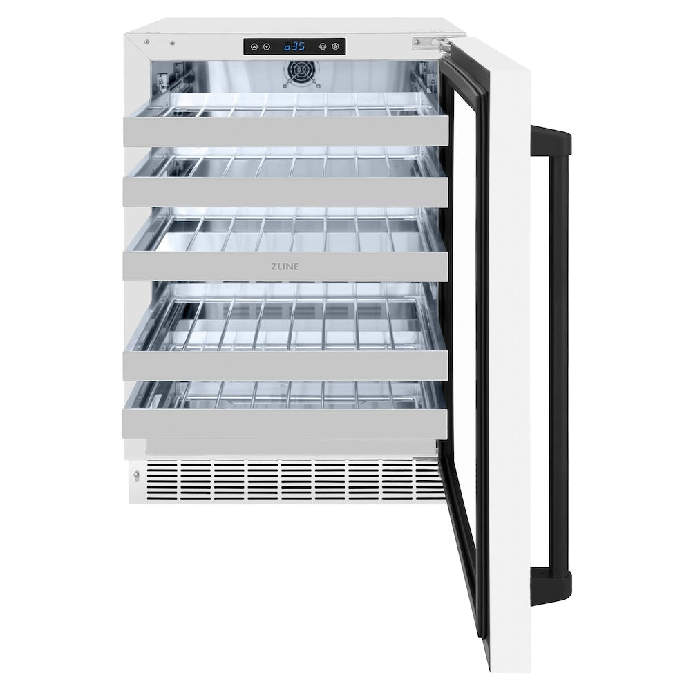 ZLINE Autograph Edition Touchstone 24-inch wine cooler in white matte and matte black accents RWDOZ-WM-24-MB, front view