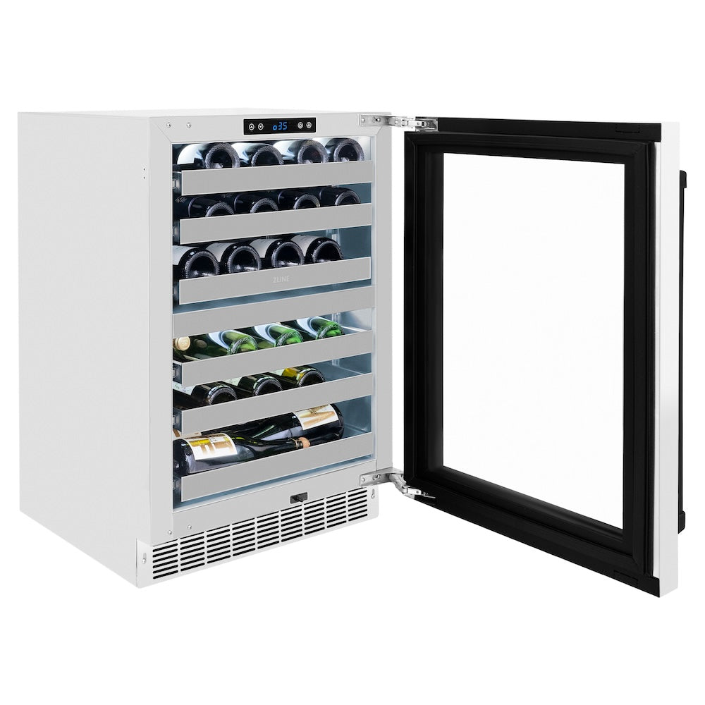 ZLINE Autograph Edition Touchstone 24-inch wine cooler in white matte and matte black accents RWDOZ-WM-24-MB, door open